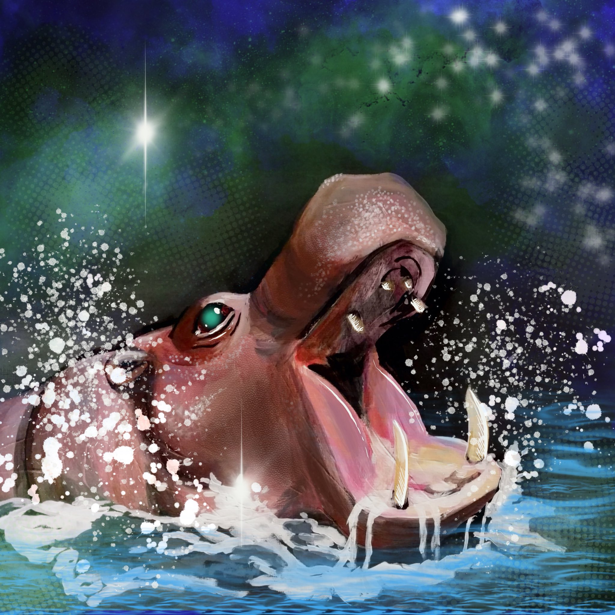 Pygmy Hippo emerging from the water with sparkles