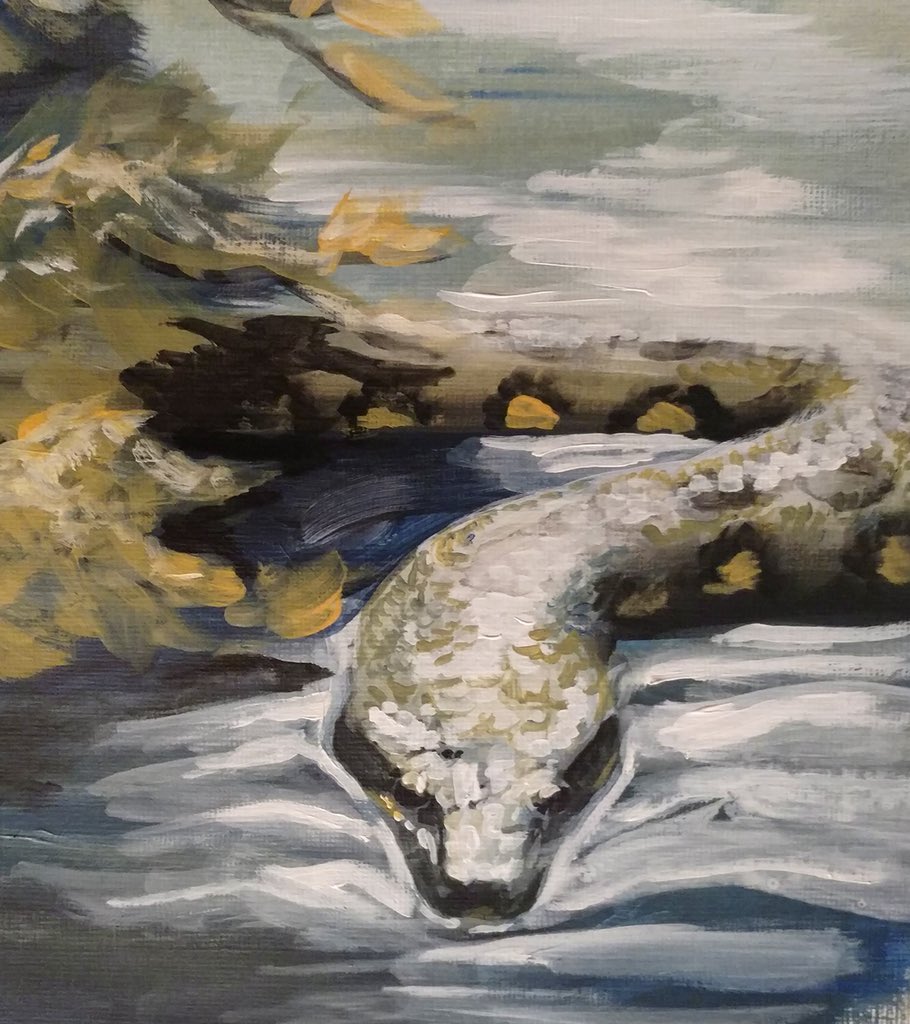 Painting of an anaconda in the water, partially submerged