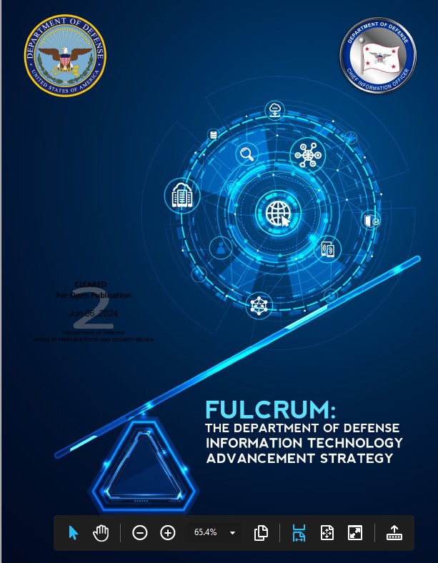 The DoD CIO releases "Fulcrum: The DoD IT Advancement Strategy" today. It will ensure DoD continues to leverage the power of transformative change to deliver functional, scalable, sustainable, &amp; secure 21st Century solutions to the nation’s Warfighters. https://t.co/cWFDwsCxKI https://t.co/F5asmYna2d