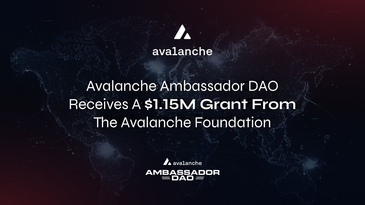 Avalanche Ambassador DAO Secures $1.15M Grant

We are excited to announce that the Avalanche Ambassador DAO has been awarded a milestone-based grant of up to $1.15 million from the @AvalancheFDN. This funding will enable us to further support and grow the Avalanche community over… 