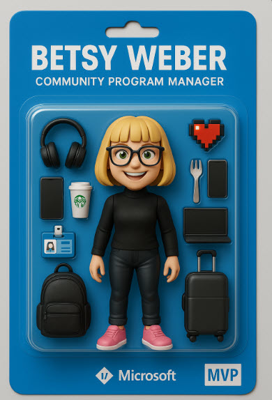 Prompt: Create a digital toy action figure packaging of a tech professional. The package should feature an action figure-style 3D figurine of a happy female software architect with glasses and green eyes, blond hair with bangs and a bob haircut, and wearing a black turtleneck sweater, leather jeans, and bright pink sneakers. Label the packaging with the name 'Betsy Weber' and title 'Community Program Manager' at the top with the 'Microsoft MVP' logo at the bottom. Inside the packaging, add tech accessories like black wireless headphones, a modern smartphone, a white Starbucks-style coffee cup, a blue Microsoft ID badge, a sleek black laptop, a backpack, luggage, a spork and an 8-bit heart. Use a clean, modern blister pack design with a bright blue background. Make it look like a real collectible techie action figure.